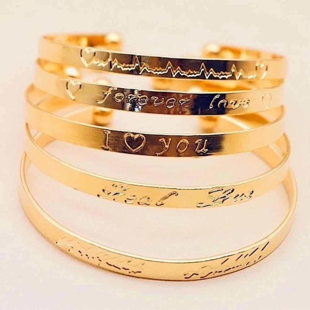 🔴5 piece Gold Cuff Bangle Bracelet Set W/ Engraved Sayings/Quotes